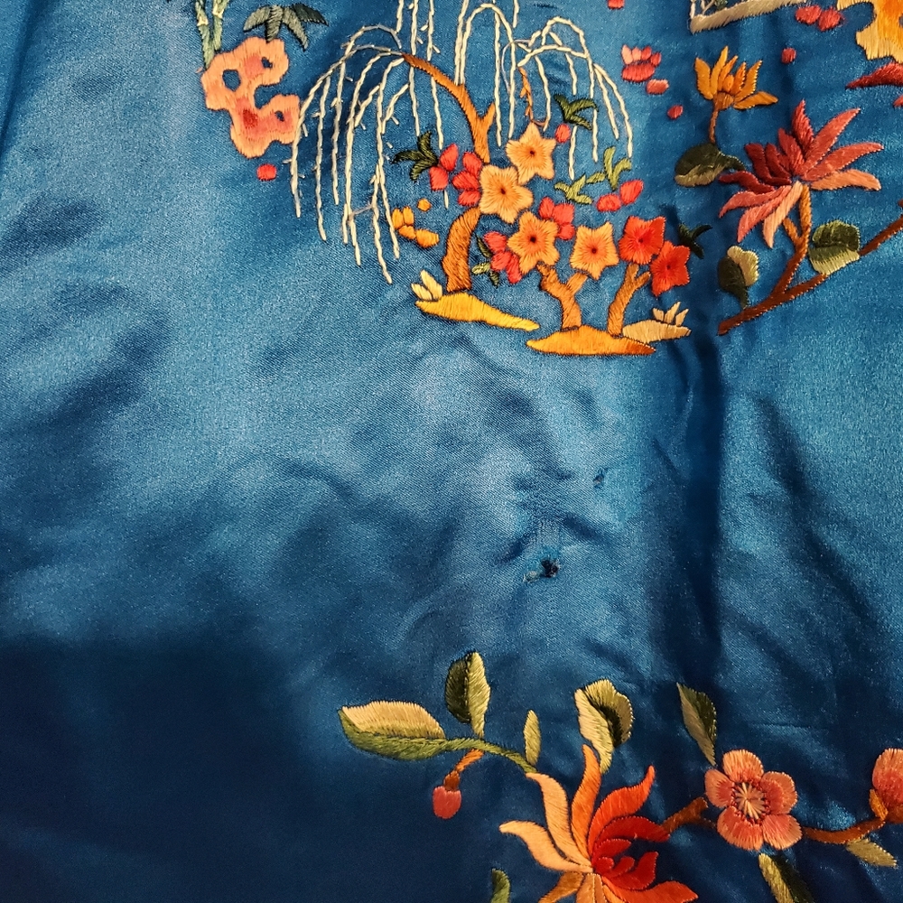 Blue Embroidered Satin Top with Floral Motif - Picture 12 of 16